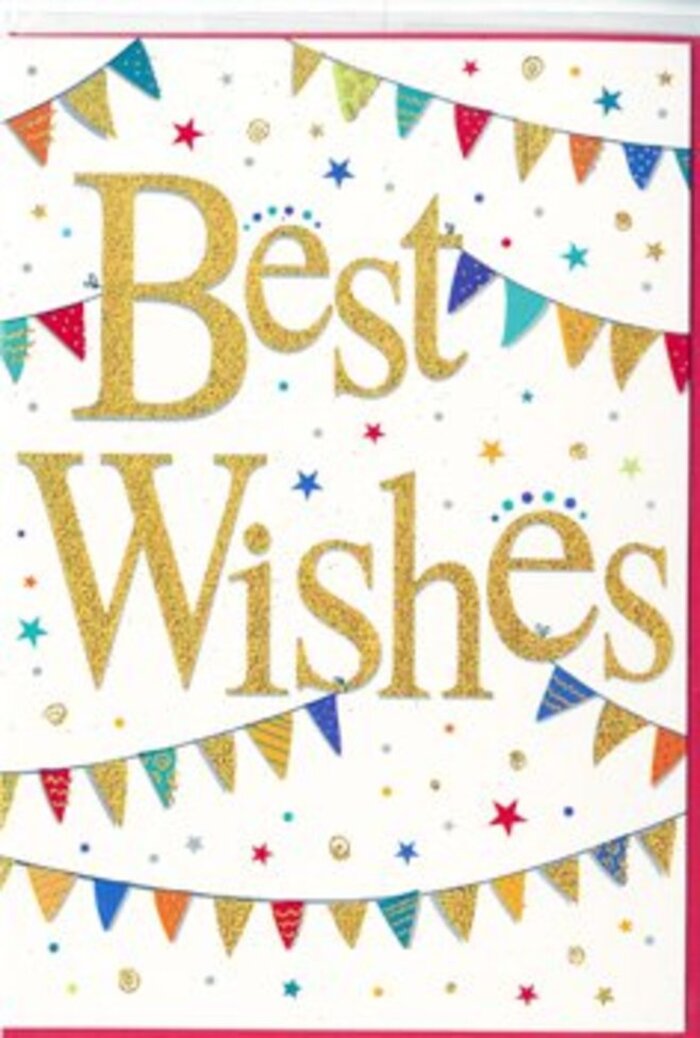 In this image, a celebratory greeting card is captured in clear detail, as if laid out on a bright table near a sunny window in a Harrow home. The card's background is a pure, matte white, providing a calm canvas that allows every colourful element to shine. At the centre, the words Best Wishes are rendered in sweeping, calligraphic gold script. The lettering is slightly raised and textured, giving the impression of embossed metallic foil or fine glitter carefully pressed into the page by a skilled printer. Light glances off the curves of each letter, creating tiny highlights that make the message feel alive and heartfelt. Surrounding the gold words, arcs of decorative bunting stretch from side to side, like celebratory banners hung across a garden in West Harrow on a warm evening. Each triangular flag carries a different pattern or shade-vivid blues, ruby reds, emerald greens, sunny yellows, and soft pastels-decorated with stripes, dots, zigzags, and mosaic-like prints. The bunting is arranged so it appears to dip and rise, suggesting gentle movement, as though caught in a soft breeze. Around these banners, small star shapes and round confetti dots are scattered freely, echoing the colours of the bunting and adding a sense of spontaneity, as if someone has just tossed a handful of confetti into the air. The composition is joyful yet refined, ideal for celebrating exams, engagements, or new beginnings. It feels like the kind of card you might find paired with a hand-tied bouquet from a local Harrow florist, chosen to send encouragement, support, and genuine good wishes to someone special.