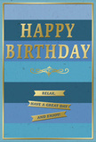 This birthday card features a harmonious blend of tranquil blues and celebratory gold, captured in a design that feels both modern and comfortingly classic. The background is composed of broad horizontal bands of blue, seamlessly transitioning from a deep, almost midnight navy at the top, through rich royal and teal tones, down to a light, breezy blue at the bottom. The effect recalls the layered distance of the horizon seen from Harrow-on-the-Hill on a clear day, peaceful and expansive. Centred on this blue canvas, the words HAPPY BIRTHDAY are displayed in bold gold capitals, their embossed surface standing proudly from the card. The metallic finish glows softly, not harsh, creating subtle highlights as though catching the light from a nearby window in a Harrow townhouse. Just beneath the main greeting, a delicate, curling gold flourish stretches across the card, providing a refined break before the secondary message. In the lower portion, three slim golden banners are stacked neatly, each one lightly curved as if ribboned across the surface. These banners carry the friendly invitation: Relax, have a great day and enjoy!, encouraging an unrushed, contented birthday mood. A thin gold border frames the entire piece, giving the impression of a keepsake or framed print rather than a simple greeting. The cardstock appears smooth and dense, with a matte blue finish that feels soft to the eye, contrasted by the tactile, gleaming gold. It is a card suited to quiet, heartfelt celebrations in Harrow, perhaps resting beside a vase of fresh birthday flowers on a dining table near Station Road or tucked on a mantel overlooking the town.